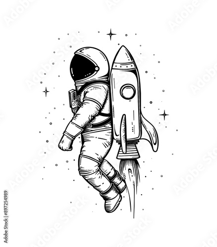 astronaut backpack rocket engraving black and white outline