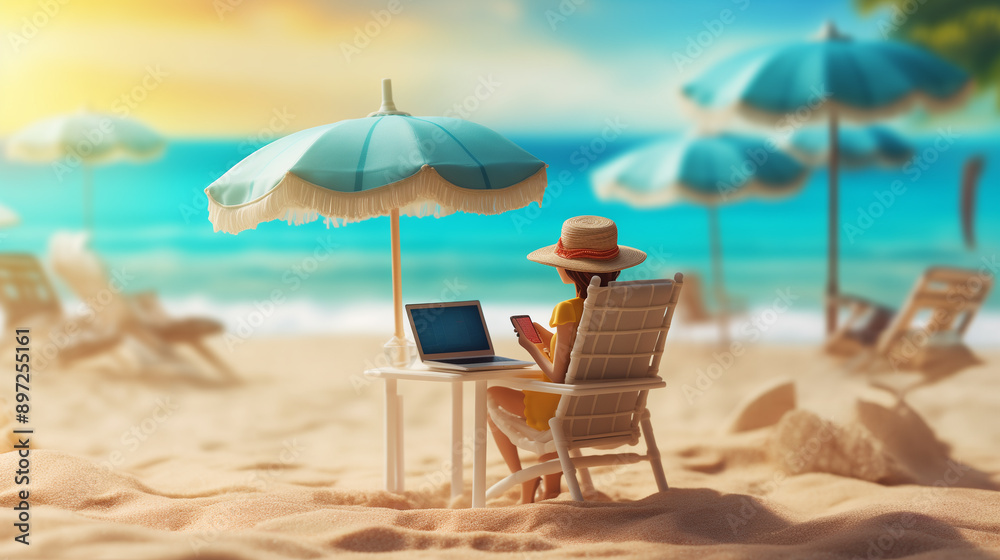 Woman sitting at a table with a laptop on a sandy beach by the sea, under an umbrella. Freelancer, online work, businesswoman programmer. Imitation of cartoon style 3d rendering. Woman sitting at a table with a laptop on a sandy beach by the sea, under an umbrella. Freelancer, online work, businesswoman programmer. Imitation of cartoon style 3d rendering.