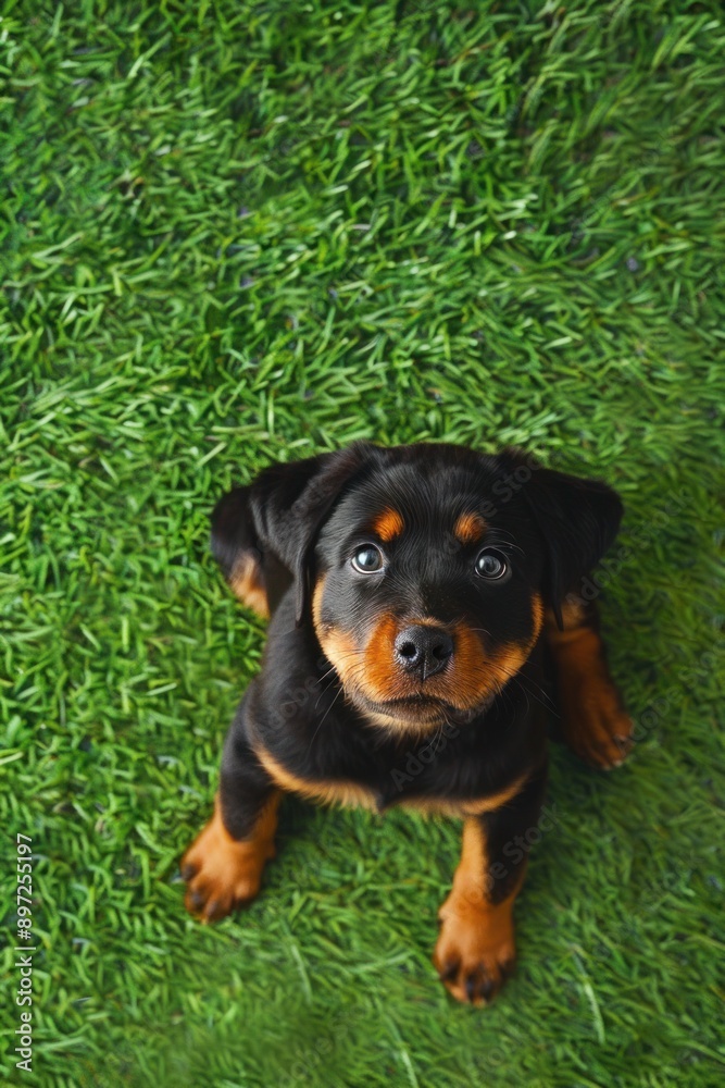 Rottweiler puppy sitting on vibrant green grass, looking up curiously. Rottweiler puppy sitting on vibrant green grass, looking up curiously.