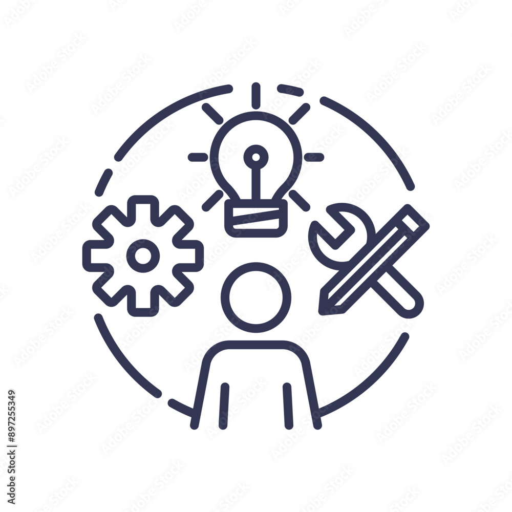 Icon of a person with a lightbulb, gear, and wrench symbolizing skills and innovation.