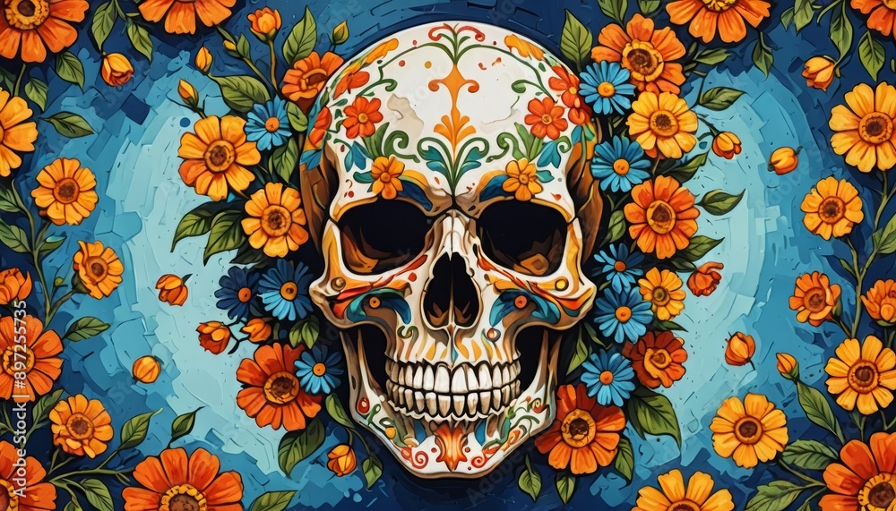 Painting of skull adorned with beautiful flowers.
