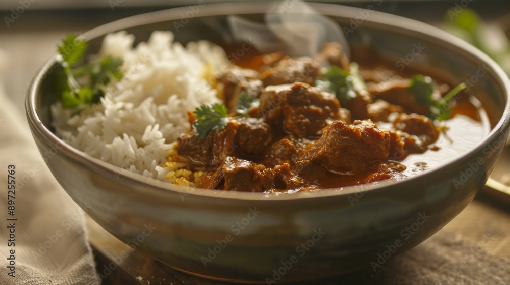 A steaming bowl of spicy lamb curry, accompanied by a side of fragrant basmati rice. A steaming bowl of spicy lamb curry, accompanied by a side of fragrant basmati rice.