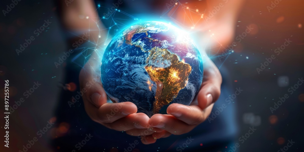 The image portrays a glowing Earth cradled in hands, symbolizing environmental care and global interconnectedness The image portrays a glowing Earth cradled in hands, symbolizing environmental care and global interconnectedness