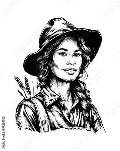 woman farmer engraving black and white outline