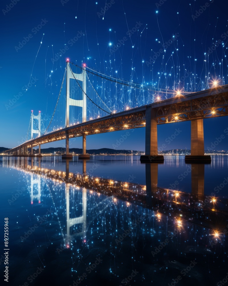Fototapeta premium Nighttime abstract smart city lights river bridge connectivity and technology network