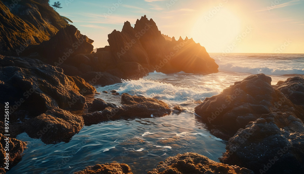 Obraz premium A picturesque rocky shoreline with unique rock formations, tide pools, and waves gently crashing