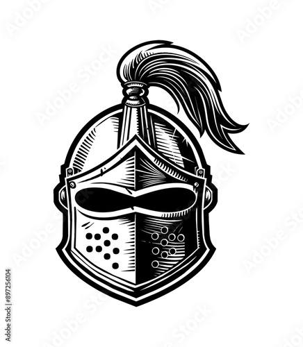 knight helmet engraving black and white outline