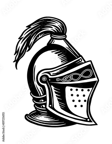 knight helmet engraving black and white outline