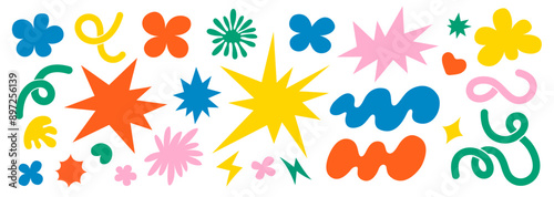 Abstract clouds and flowers shapes icons set. Groovy funky flowers, bubbles, stars, loops and waves in trendy retro cartoon style. Illustration with wavy elements