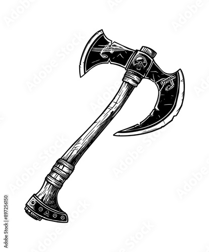 medieval axe engraving black and white outline