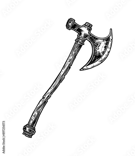 medieval axe engraving black and white outline