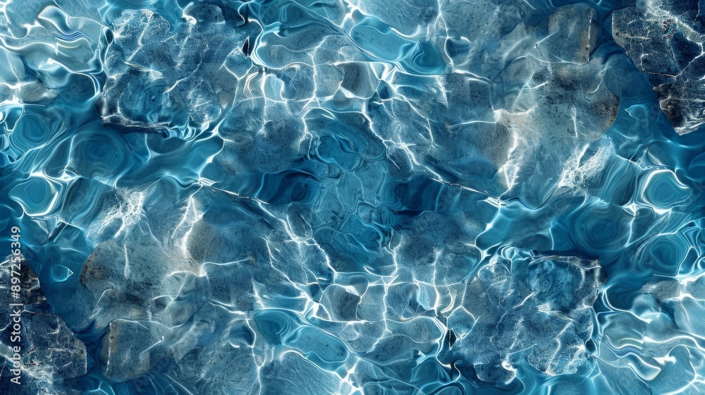 Texture of clear, transparent water in a pool, viewed from above. Close-up view of blue sea water. Texture of clear, transparent water in a pool, viewed from above. Close-up view of blue sea water.