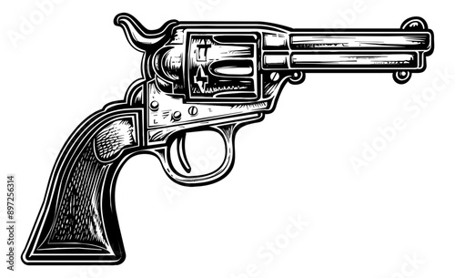 old cowboy gun engraving black and white outline