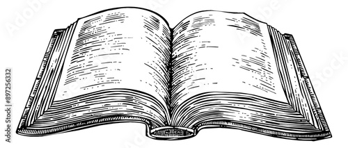 old open book engraving black and white outline