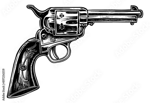 old cowboy gun engraving black and white outline