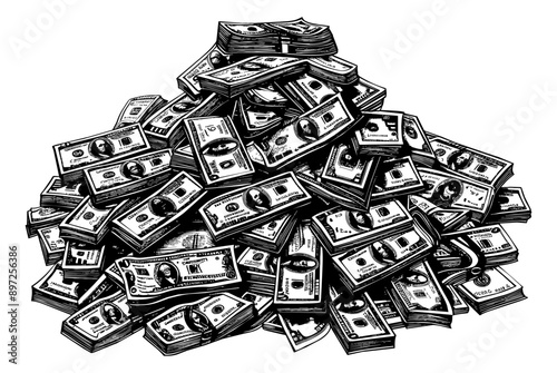 pile money engraving black and white outline