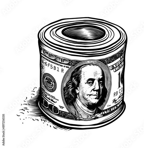 money roll engraving black and white outline