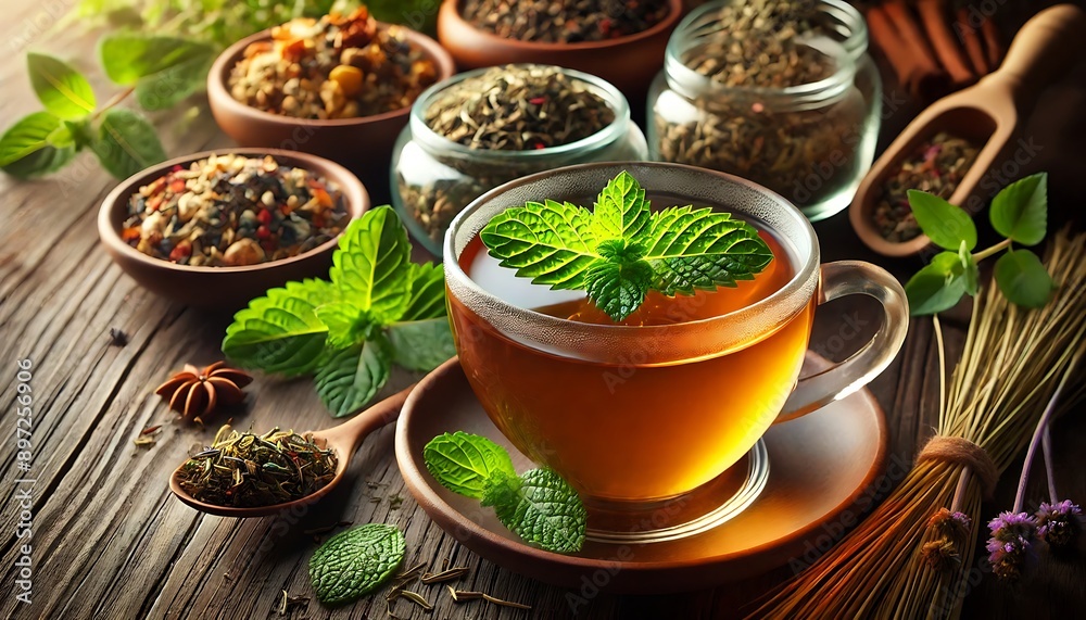 a realistic close-up image of a cup of herbal tea with a fresh mint leaf on top, set against a background of assorted dried herbs and tea leaves in soft focus .Generative AI a realistic close-up image of a cup of herbal tea with a fresh mint leaf on top, set against a background of assorted dried herbs and tea leaves in soft focus .Generative AI