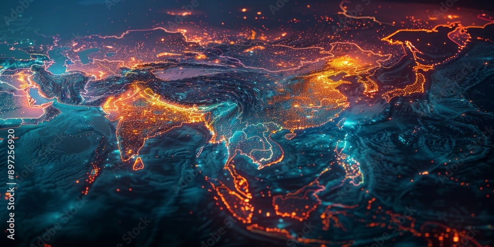 Futuristic Glowing Map: Illuminated Network and Topography Visualization Futuristic Glowing Map: Illuminated Network and Topography Visualization