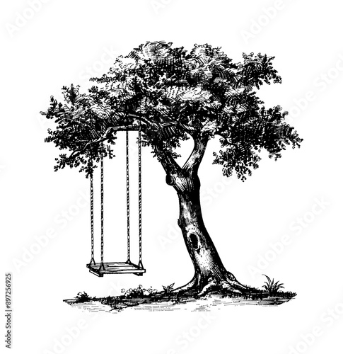 tree swing toy engraving black and white outline