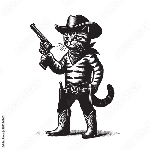 Cute tabby cat cowboy. Vintage engraving black vector illustration. Cut out. Print, tattoo sketch