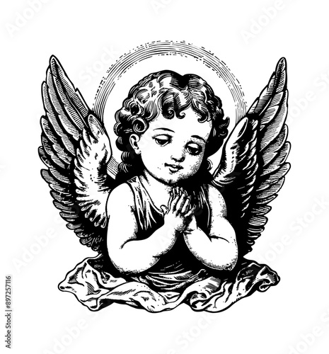 baby angel engraving black and white outline