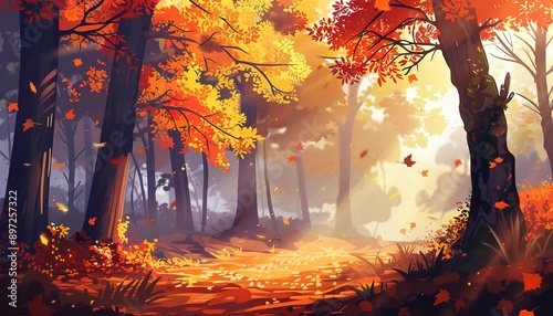 forest with trees and leaves, autumn, anime cartoon style