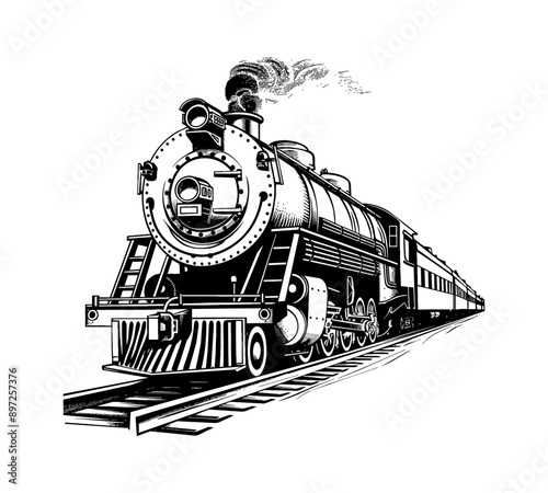 retro train engraving black and white outline