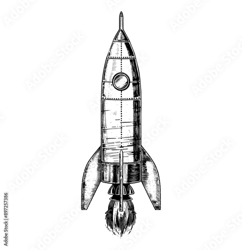 retro rocket engraving black and white outline