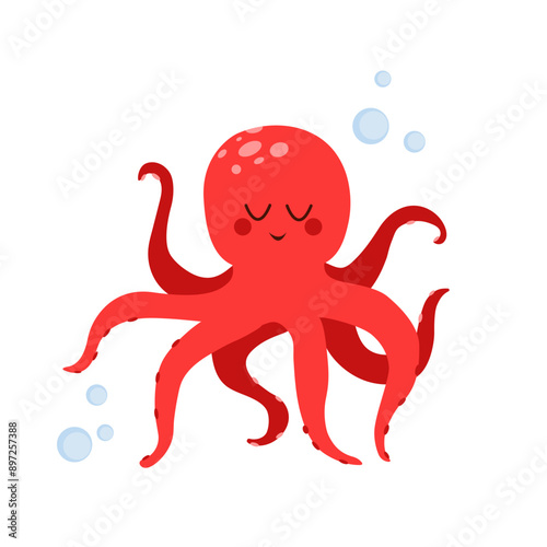 Cute octopus . Vector illustration on white transparent isolated background. Sea animal. Children's illustration in flat style . Underwater life.