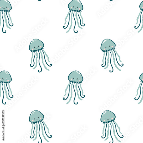 Seamless vector pattern cute jellyfish with a smiling face. pattern for children's products on white background. Sea animal. Underwater life.