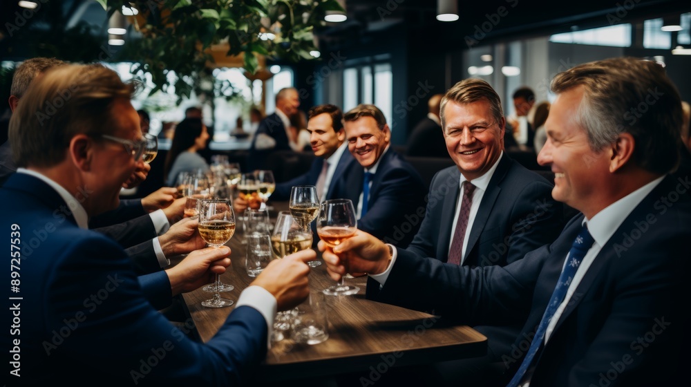 Corporate professionals celebrating success and achievement in a modern office setting Corporate professionals celebrating success and achievement in a modern office setting