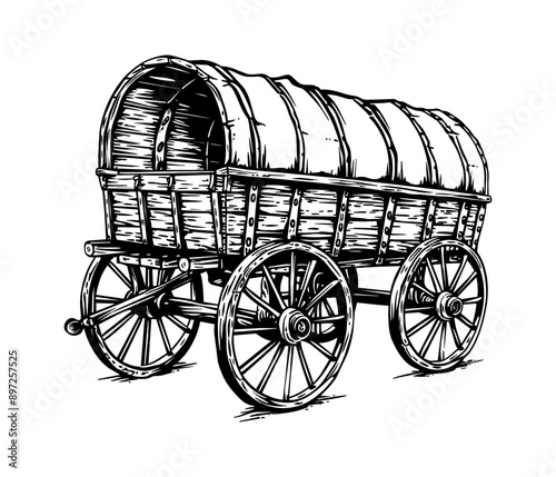wagon engraving black and white outline