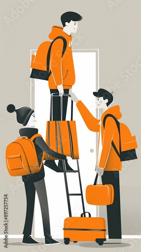 Three students are setting up their dorm room, one standing on a ladder, another helping with luggage, and the third watching