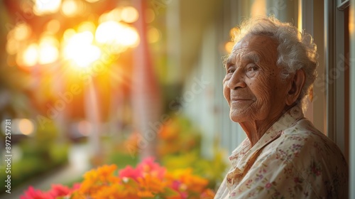 Senior Woman Smiling at Sunset Outside a Window