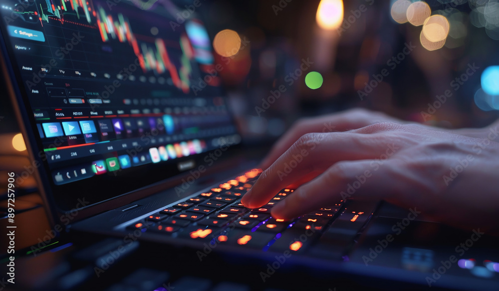 Hands typing on keyboard illuminated by red lights. A blurry screen displays charts and app icons. Generative AI Hands typing on keyboard illuminated by red lights. A blurry screen displays charts and app icons. Generative AI