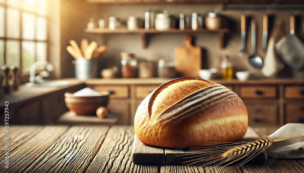 realistic close-up image of a freshly baked loaf of bread, with a blurred background of a rustic kitchen .Generative AI realistic close-up image of a freshly baked loaf of bread, with a blurred background of a rustic kitchen .Generative AI