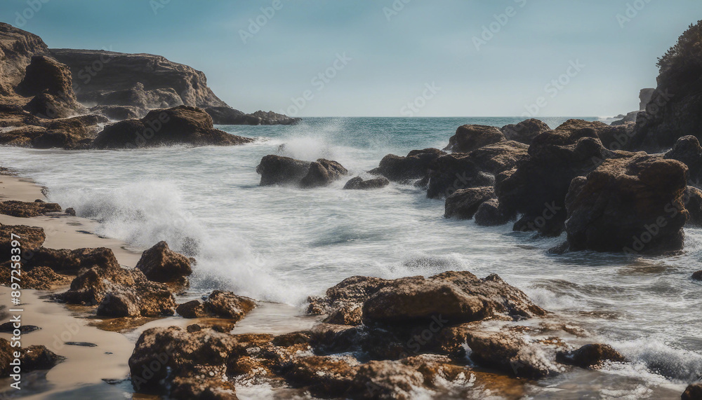 A picturesque rocky shoreline with unique rock formations, tide pools, and waves gently crashing A picturesque rocky shoreline with unique rock formations, tide pools, and waves gently crashing
