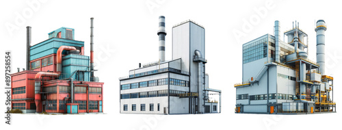 Industrial Factory Buildings with Chimneys Isolated on Transparent Background