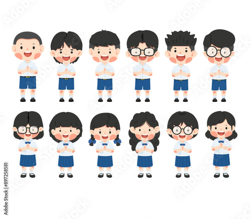 Cute thai kids greeting sawasdee set