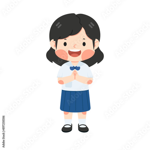 girl student greeting sawasdee cartoon