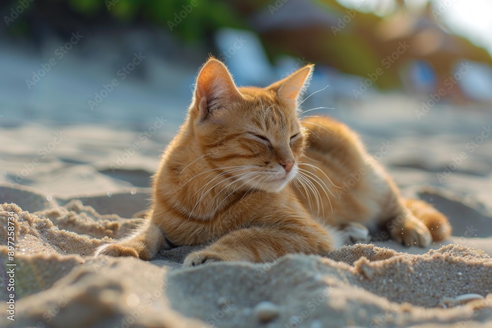 Ginger cat is lying on a sandy beach with closed eyes Ginger cat is lying on a sandy beach with closed eyes
