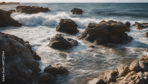 A picturesque rocky shoreline with unique rock formations, tide pools, and waves gently crashing