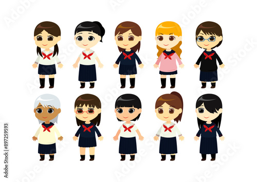 様々な女子高生のアバターアイコンイラスト素材