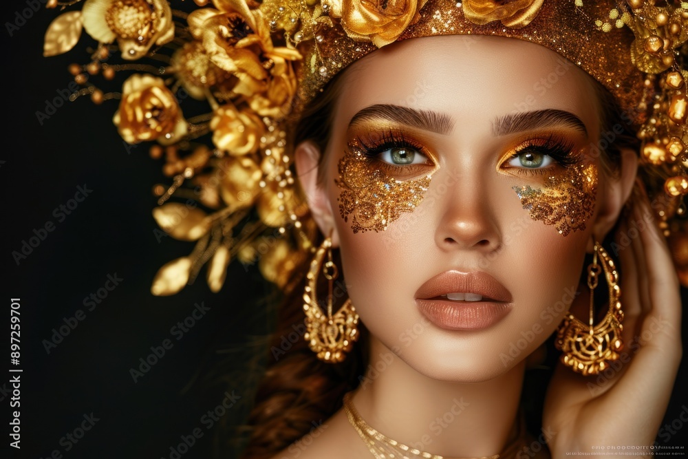Golden woman. Beauty fashion model girl with golden make up, hair and jewellery on black background Golden woman. Beauty fashion model girl with golden make up, hair and jewellery on black background