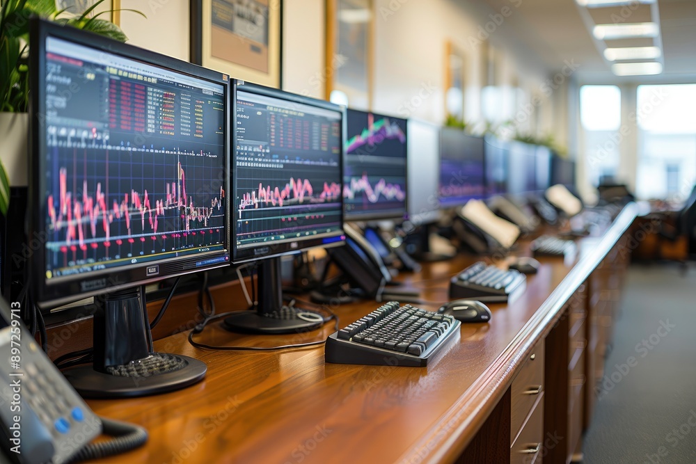 A modern office space with rows of the control room, each equipped with multiple black monitors on the desk.