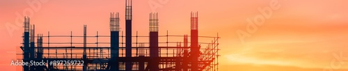 construction site silhouette against a vibrant sunset sky - urban development project underway - new cityscape building - modern architecture in progress - steel beams and scaffolding - skyline transf photo