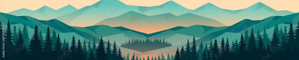 Fototapeta premium serene mountain landscape with misty peaks and a forest silhouette at dawn