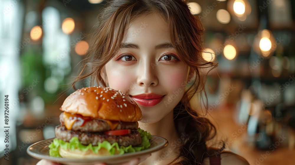 A young Asian woman holding a hamburger in a restaurant. A young Asian woman holding a hamburger in a restaurant.