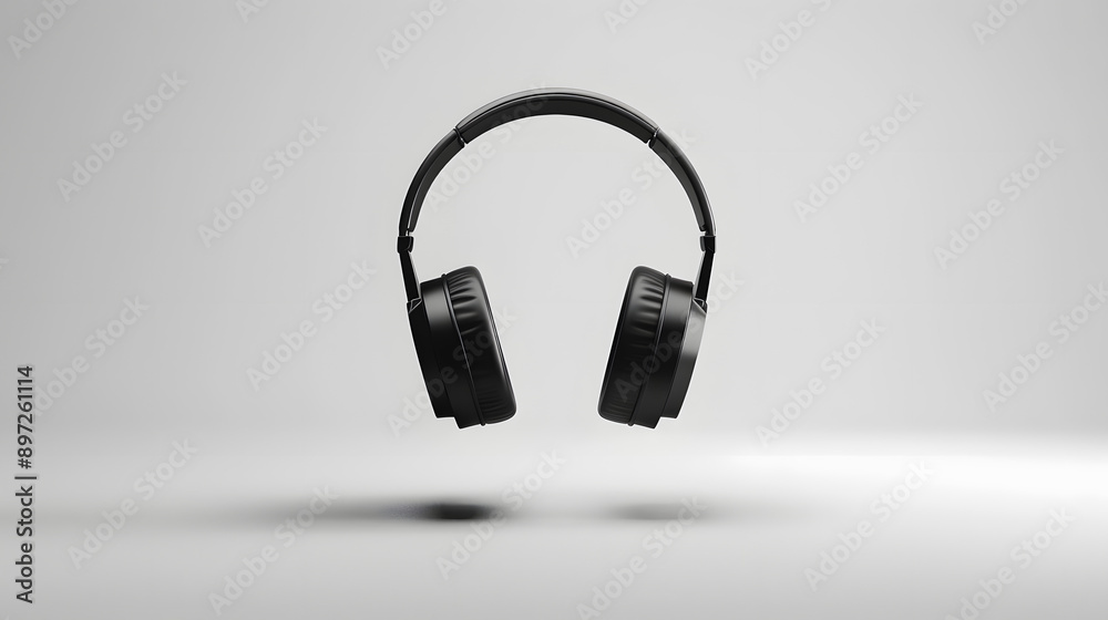 Black Headphone Floating in the Air on White Solid Background. Black Headphone Floating in the Air on White Solid Background.